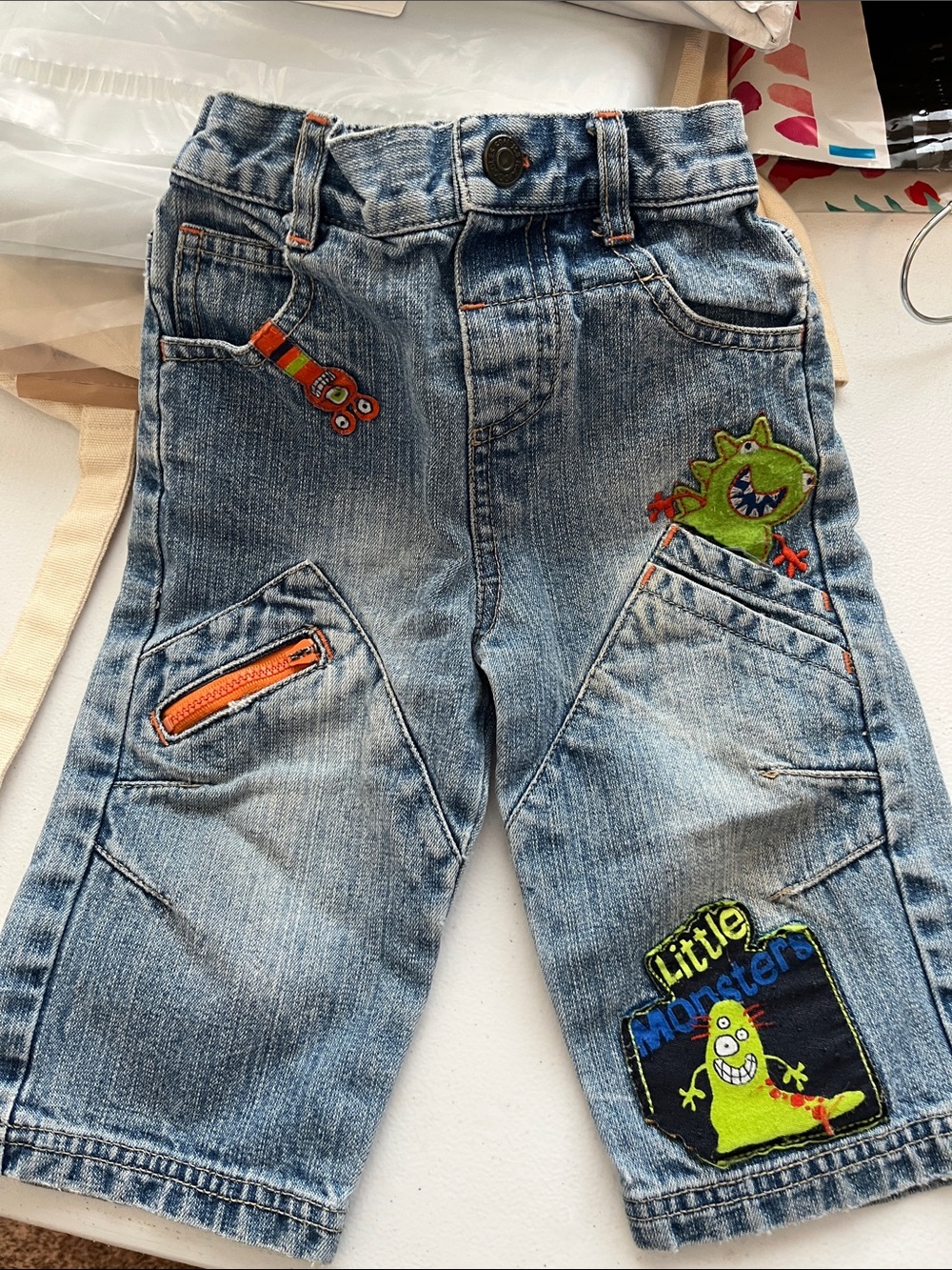 Flapdoodles Blue Denim Kids Pants with Monster Patches
